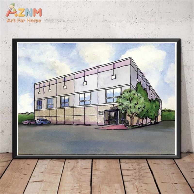 Commercial Wall Printing - AZNM Aquarell-Leinwandbild mit moderner Geschäftsgebäude-Landschaft, minimalistische