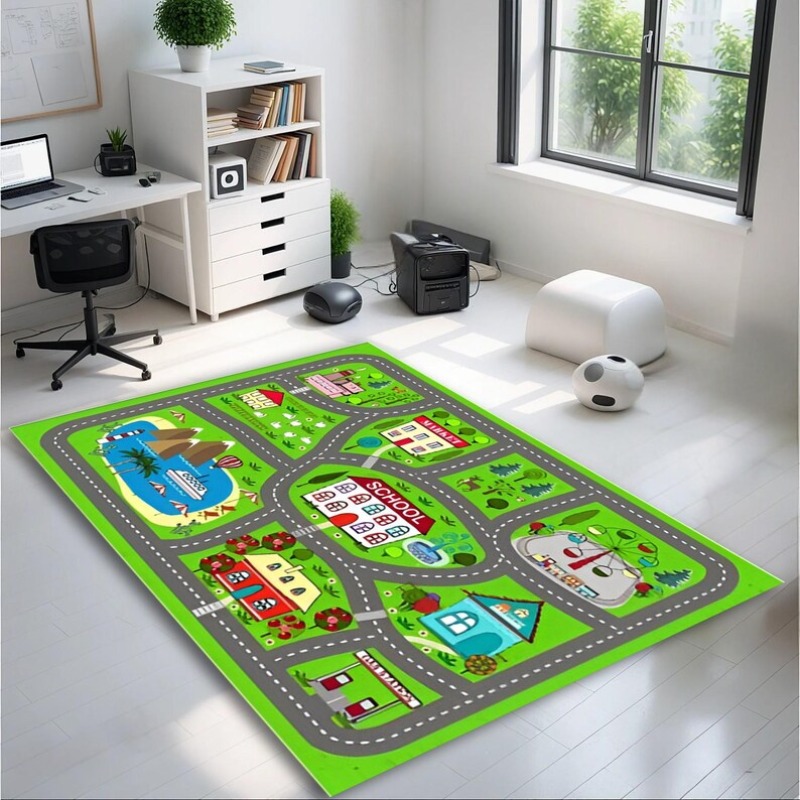 Commercial Road Printing - Cartoon-Rennstrecken-Stadtstraßen-Karten-Teppich, Rennstrecken-Baustellen-Straßenschild-Druck, rutschfeste Bodenmatte für Spielzimmer